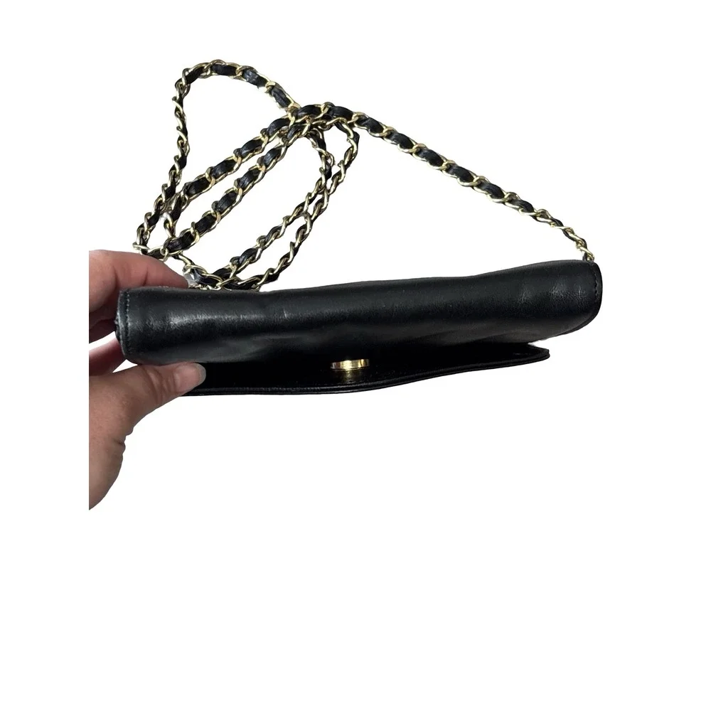 Monet Vintage Black Leather Crossbody Bag Gold Chain Strap Small Envelope Purse